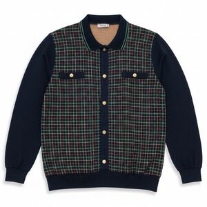 Cricket Lane Plaid Button Front Cardigan Sweater Navy Gold Buttons Women's Large